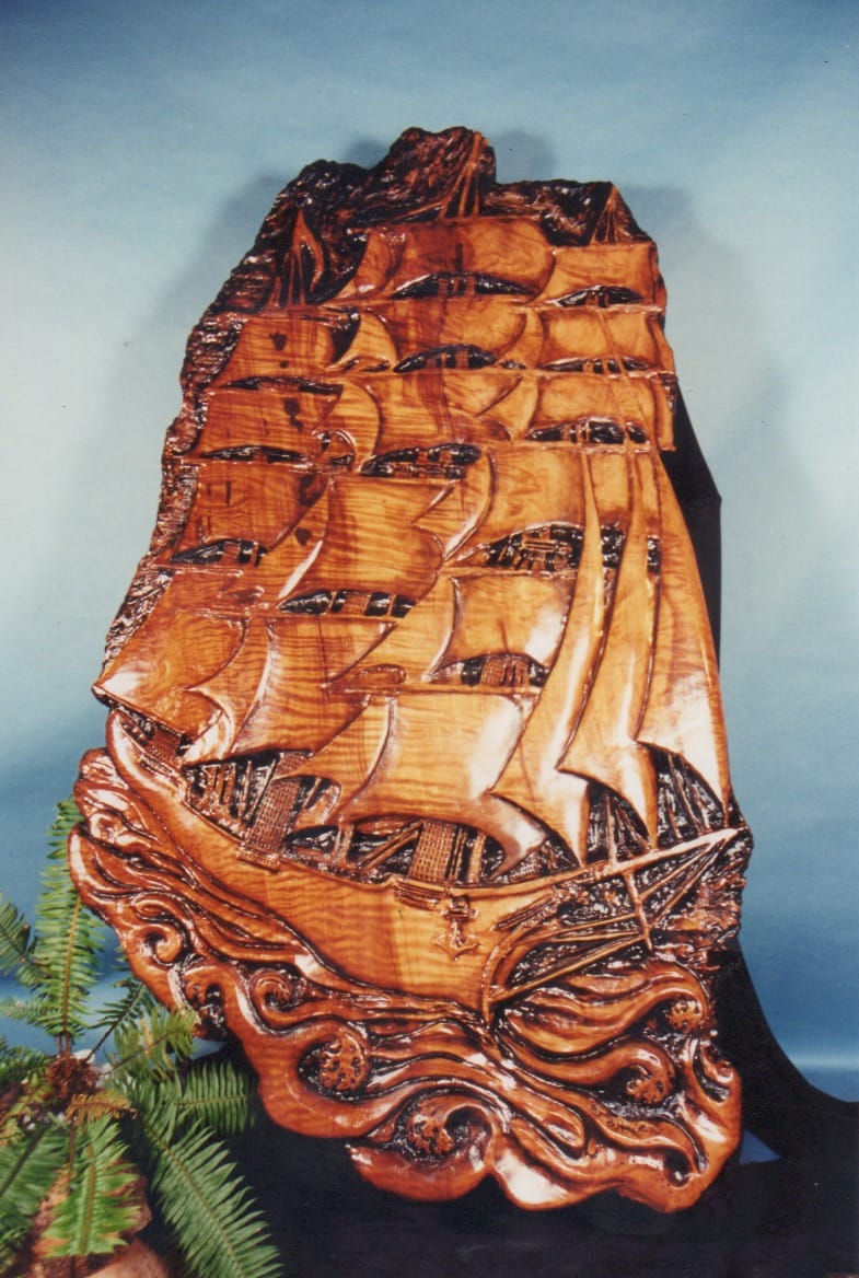 Redwood Sculpture - bas relief - Tall Ship